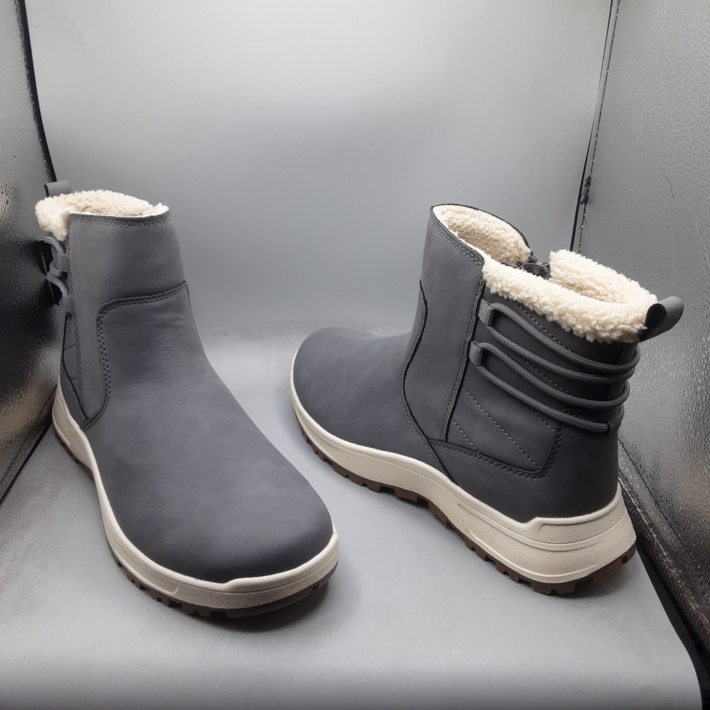 Khombu Gray Winter Ankle Boots with Cream Faux Fur Trim